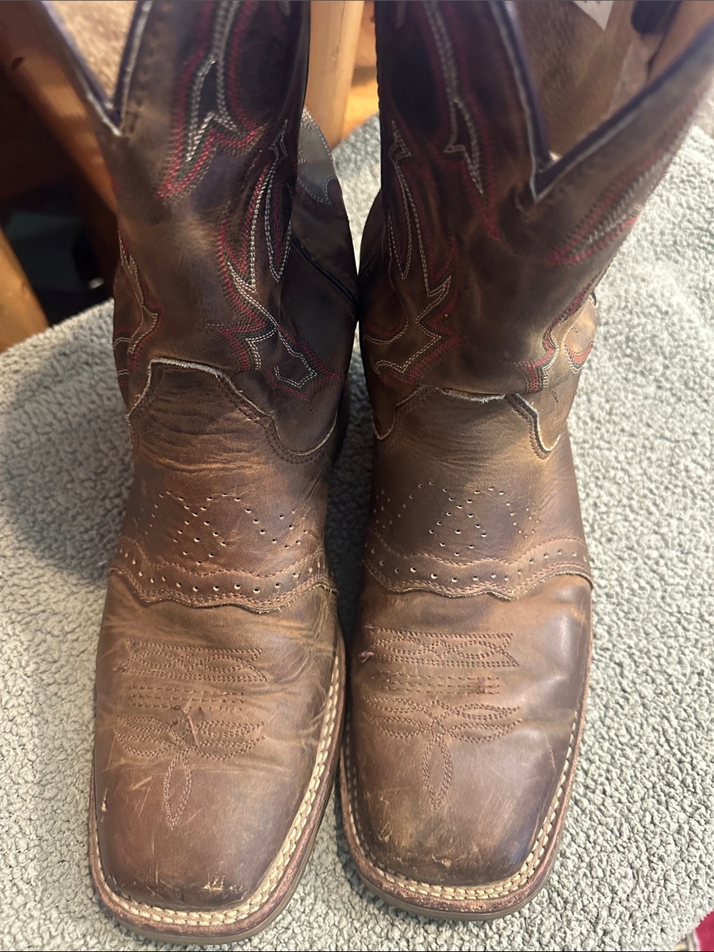 Double H Distressed Brown Leather Western Boots with Red Stitching